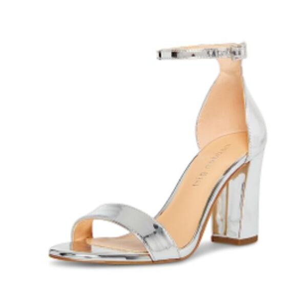 Silver Metallic Ankle Strap Block Heel Sandal Party Wedding Dress Shoes Size 7 - Picture 1 of 13